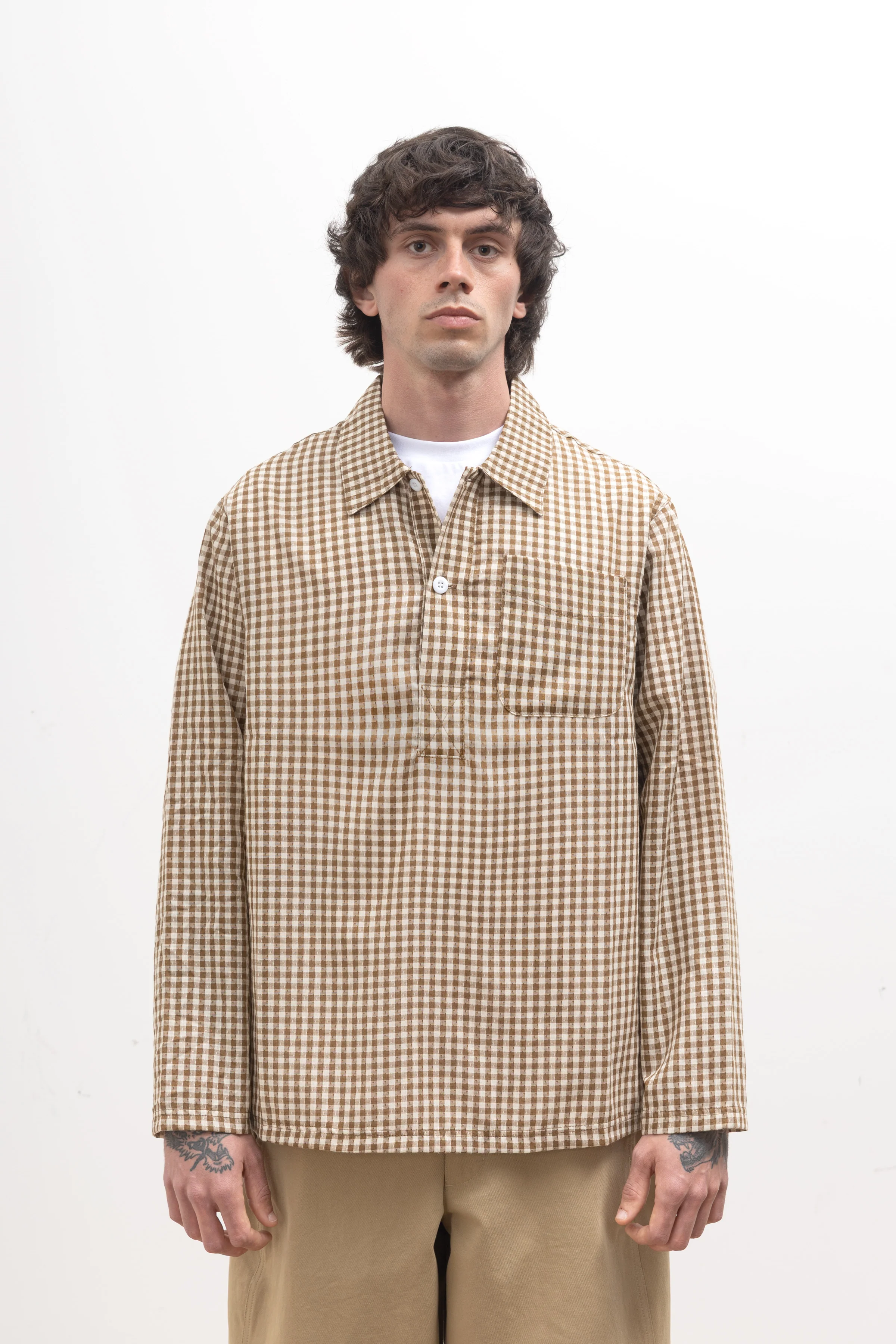 Blacksmith - Two Button Popover Shirt - Brown Gingham - Image 2