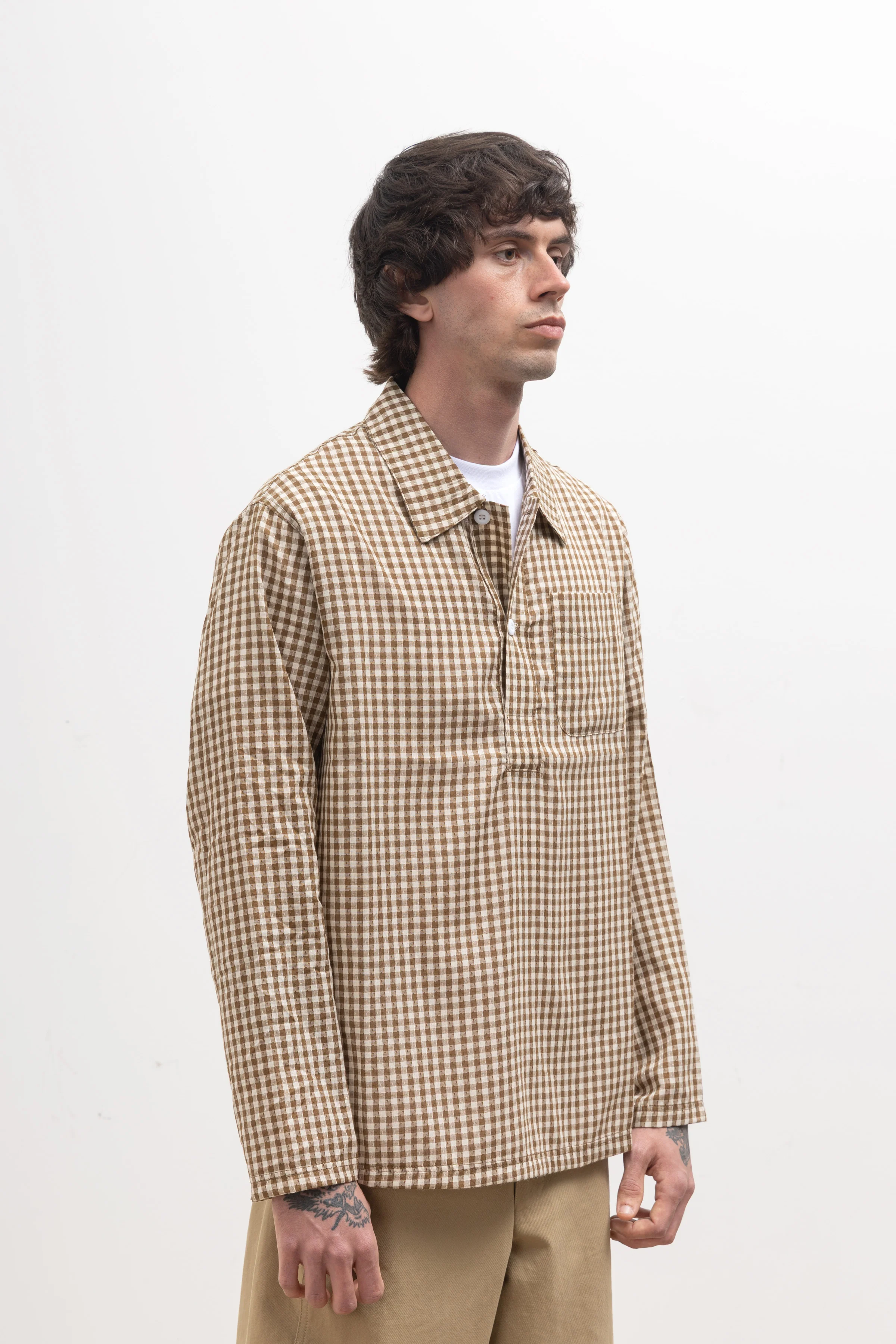 Blacksmith - Two Button Popover Shirt - Brown Gingham - Image 3